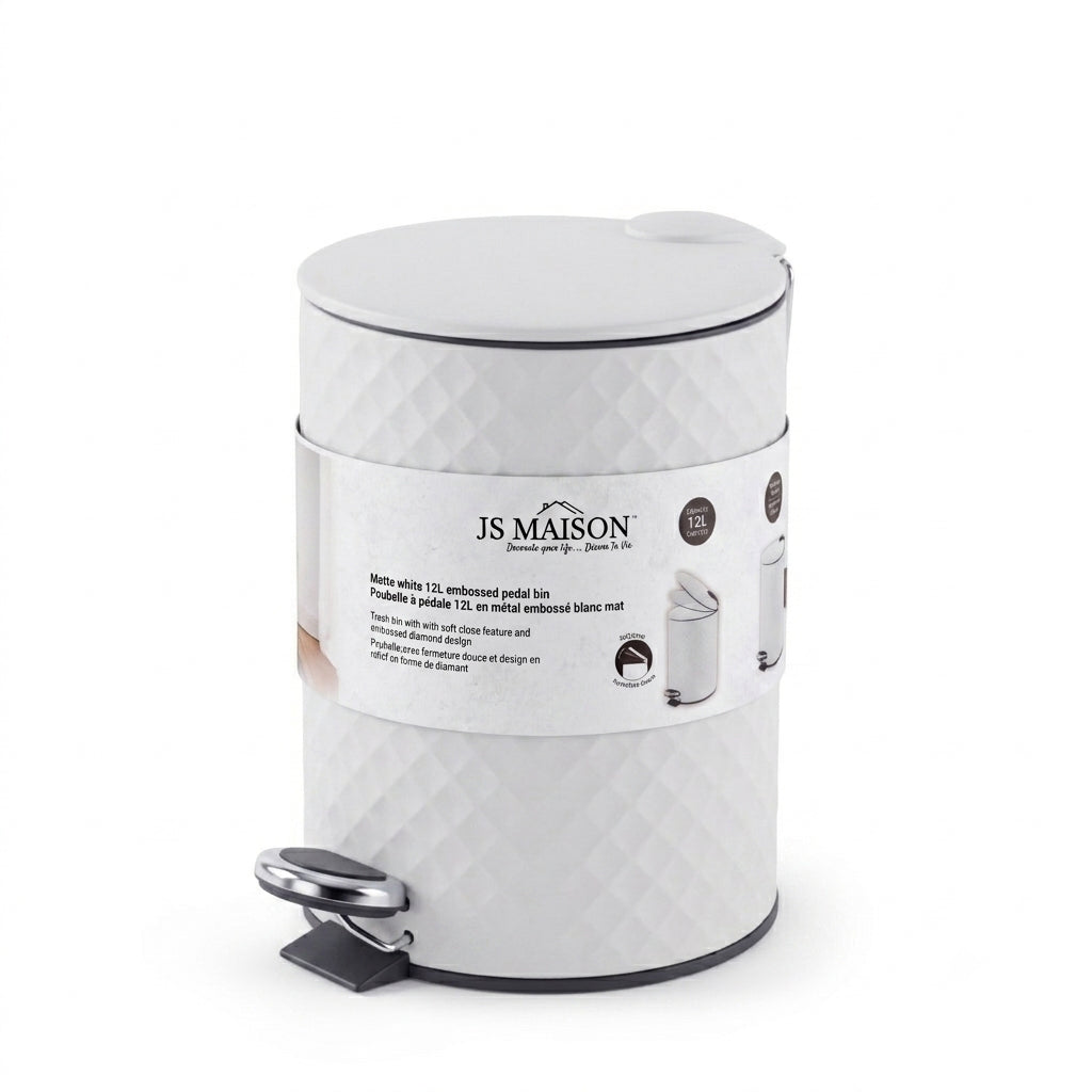 JS Maison 12L Matte White Pedal Bin with Embossed Diamond Design packaging
