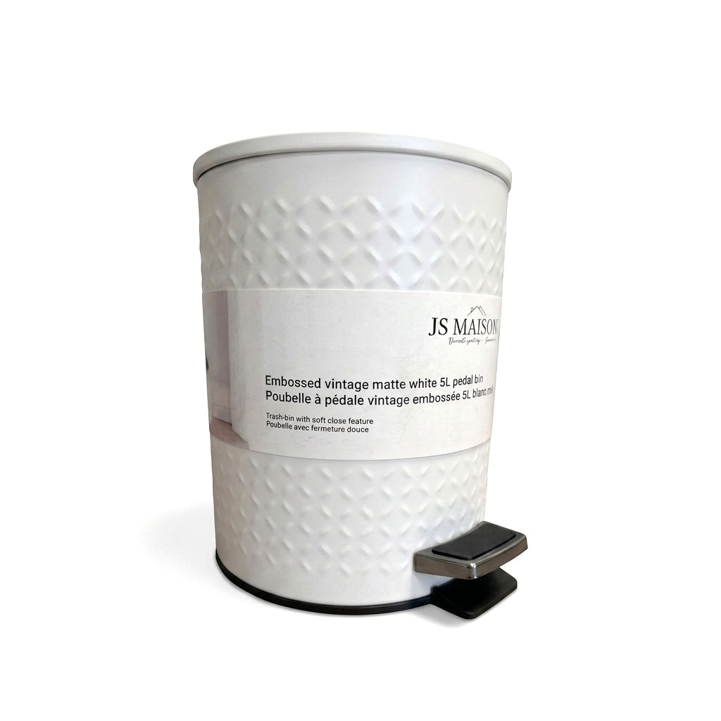 5L Embossed Vintage Pedal Bin with Soft Close — Matte White packaging