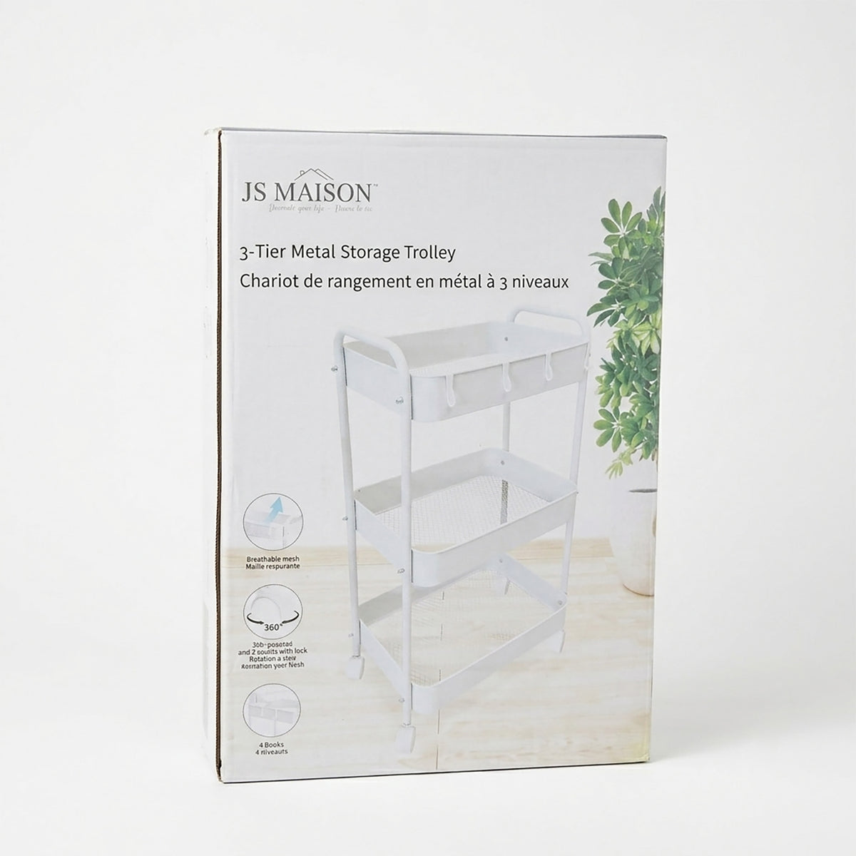 3-Tier Metal Storage Rolling Trolley — White packaging