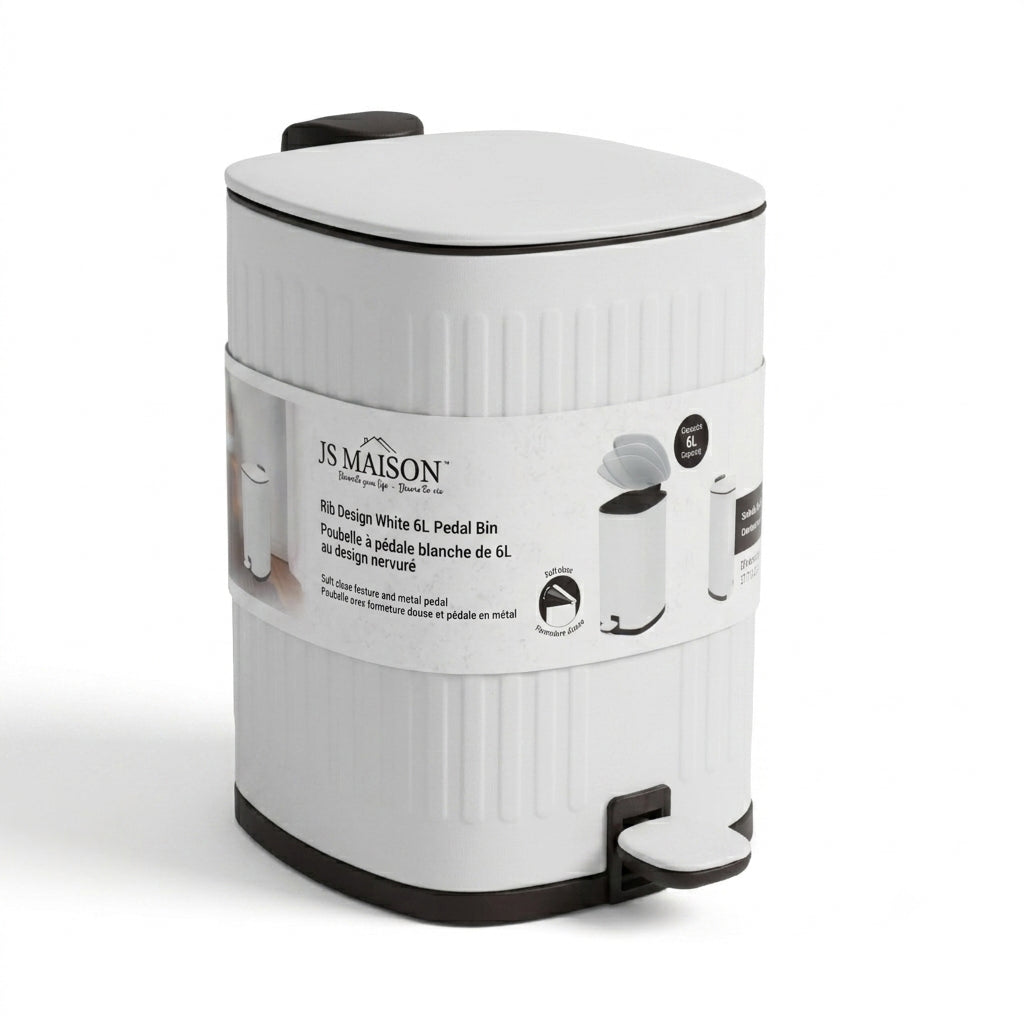 6L Ribbed Soft-Close Pedal Bin — White packaging
