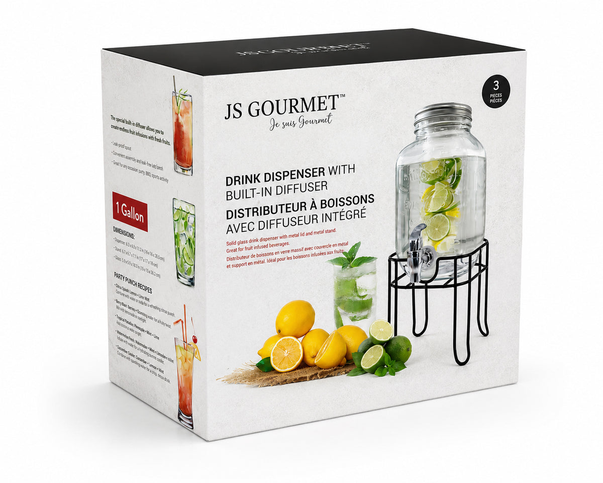 4L Glass Drink Dispenser with Built-In Diffuser and Metal Stand packaging