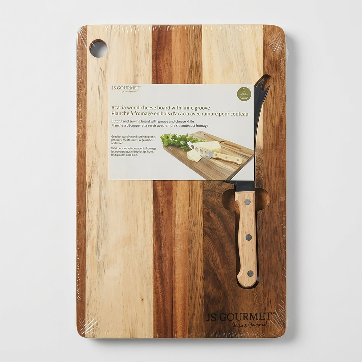 Acacia wood cheese board with knife groove packaging