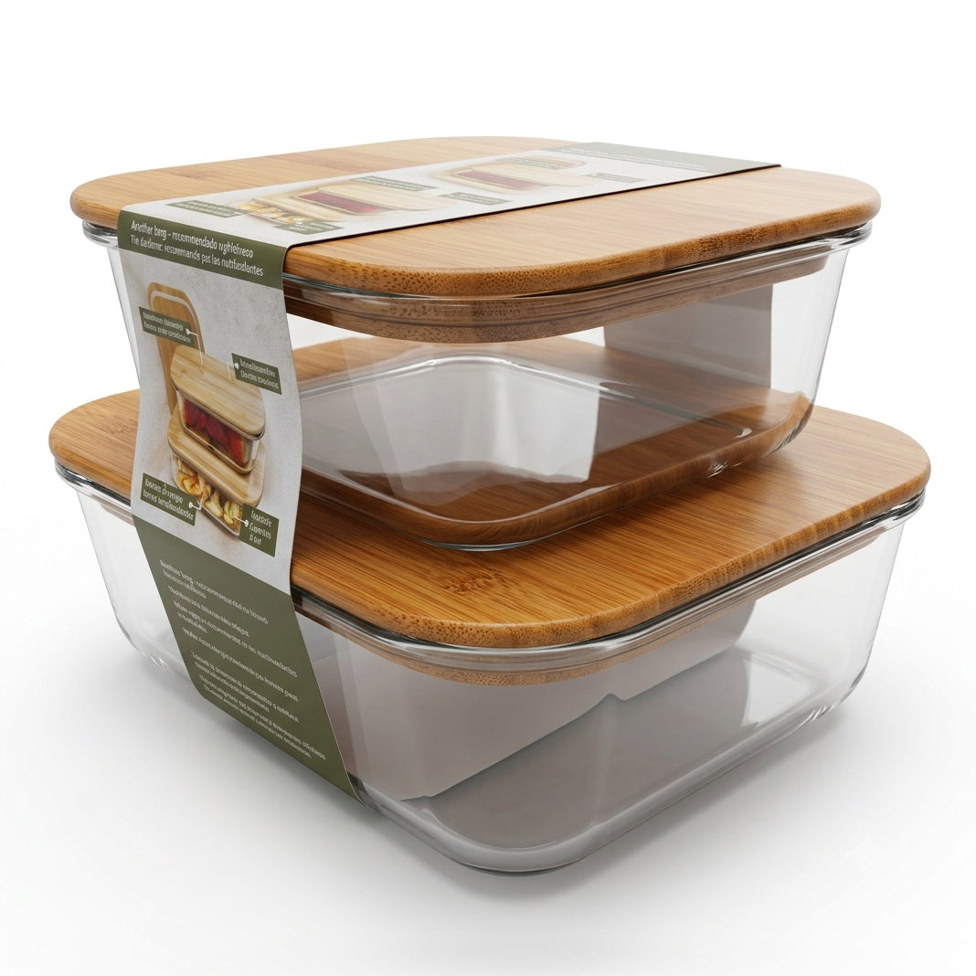 3-in-1 Glass & Bamboo Food Storage and Meal Prep Containers — 2 Pack packaging