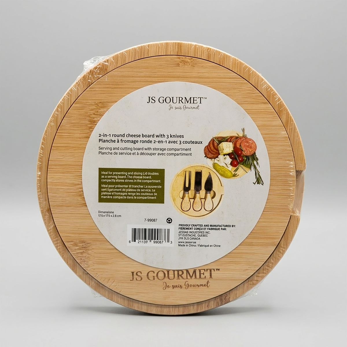 2-in-1 Round Bamboo Cheese Board with 3 Cheese Tools packaging