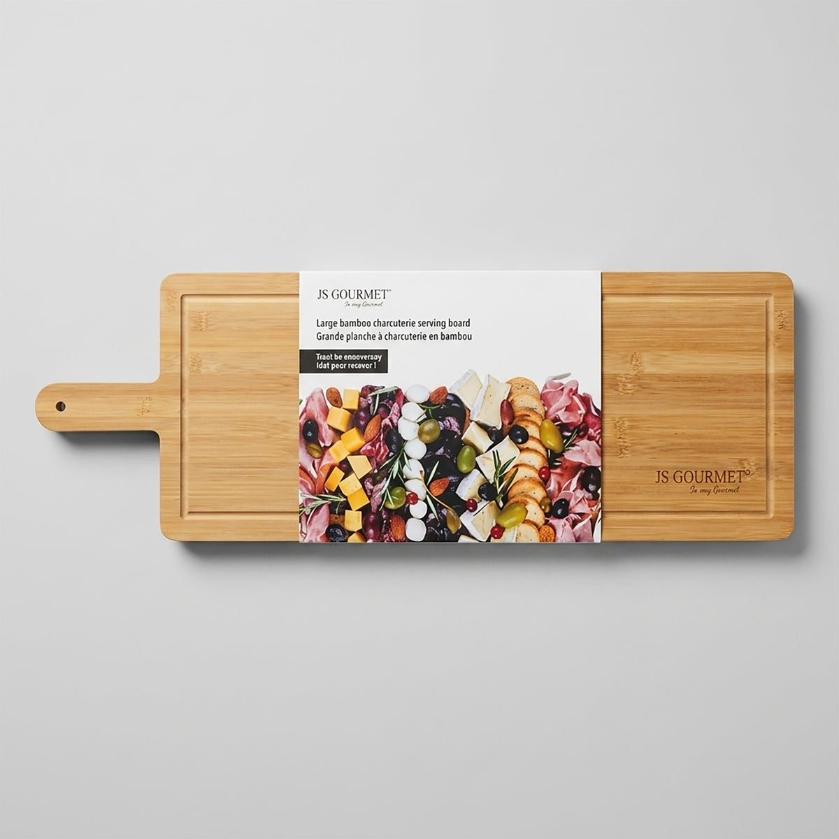 Extra-Large Bamboo Party Serving Board on Legs packaging