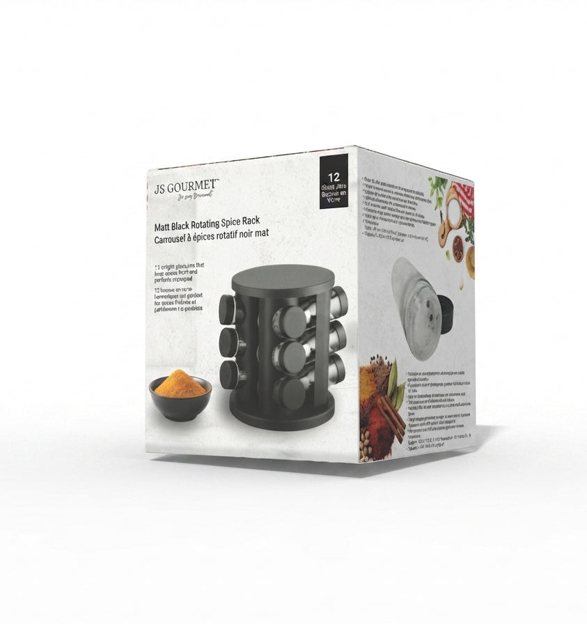 12-Piece Glass Spice Jar Set with Matte Black Rotating Stand packaging