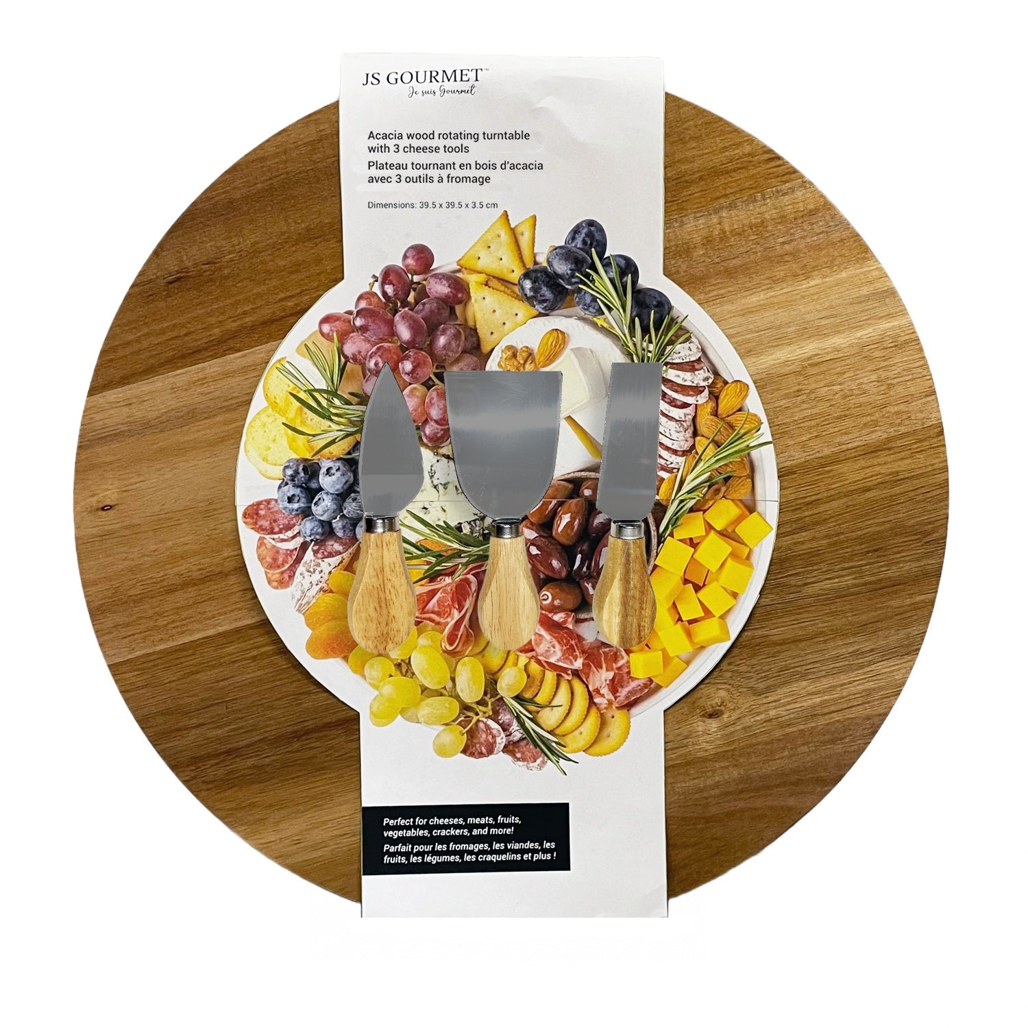 Acacia Wood 360° Rotating Turntable with 3 Cheese Tools packaging