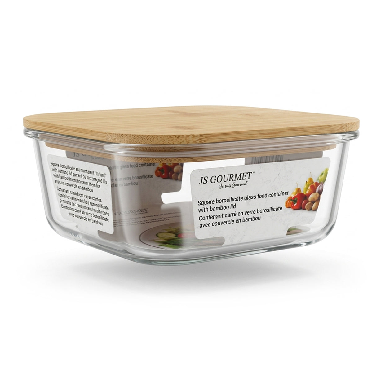 JS Gourmet Square Borosilicate Glass Food Container with Bamboo Lid — 1200 ml packaging