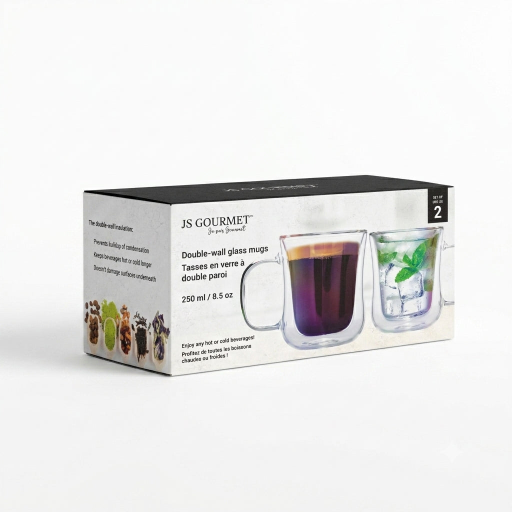Pearlized Double-Wall Glass Mugs, Set of 2 (250 ml) packaging