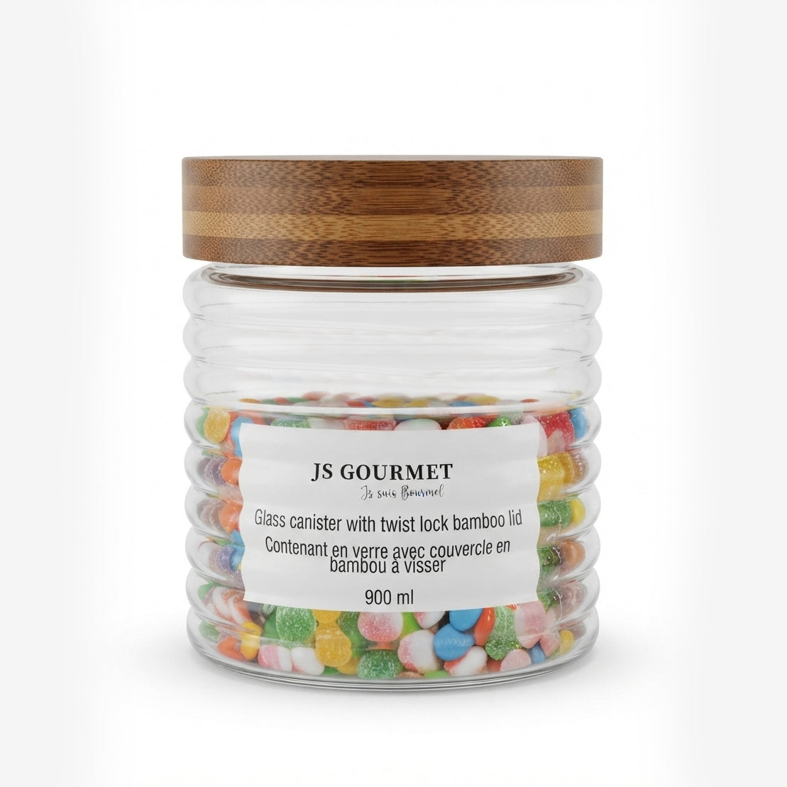 0.9 L Embossed Glass Canister with Bamboo Twist-Lock Lid packaging
