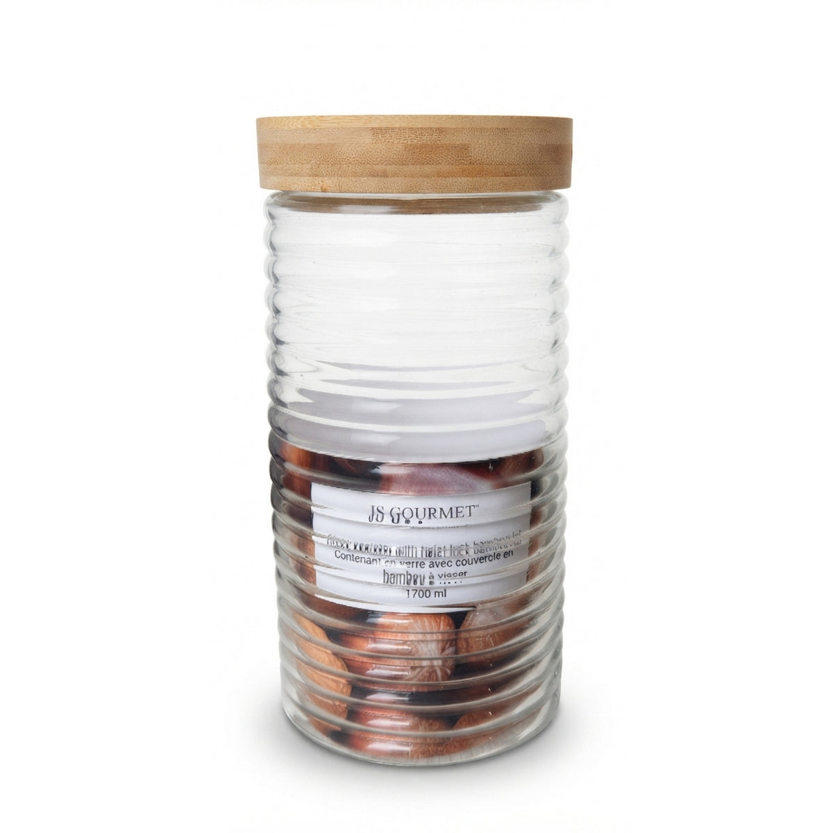 Embossed Glass Canister with Bamboo Twist-Lock Lid, 1.7L packaging