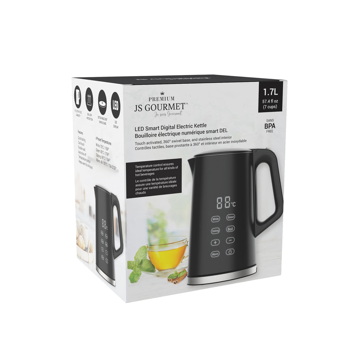 1.7 L LED Smart One Touch Digital Electric Kettle with Temperature Presets packaging