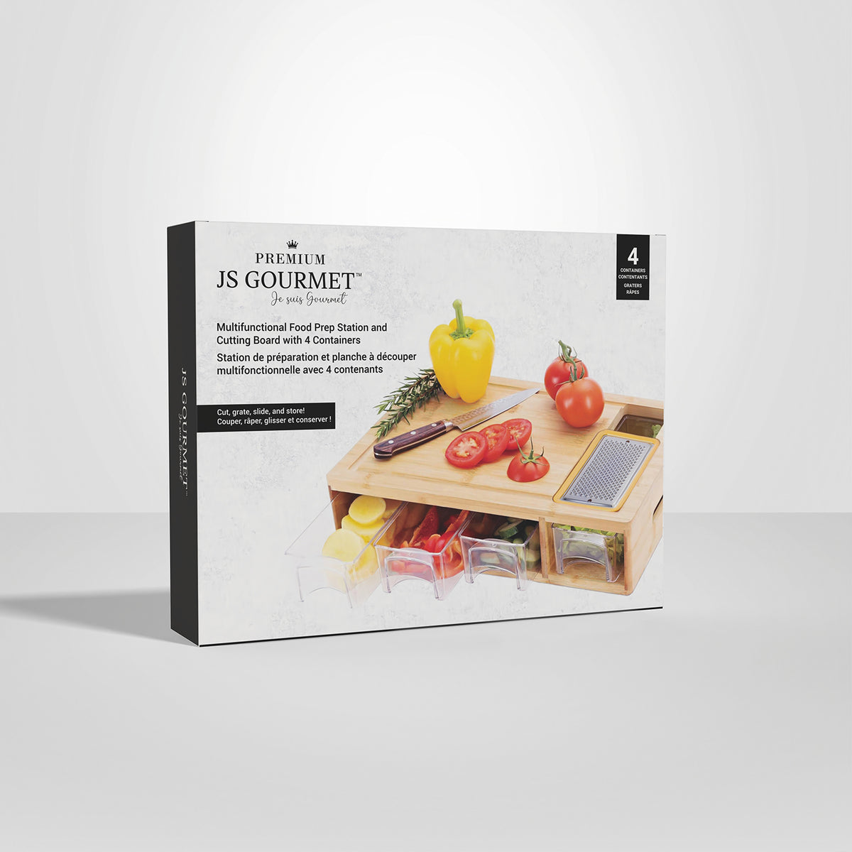 Multifunctional Bamboo Food Prep Station & Cutting Board with 4 Containers packaging