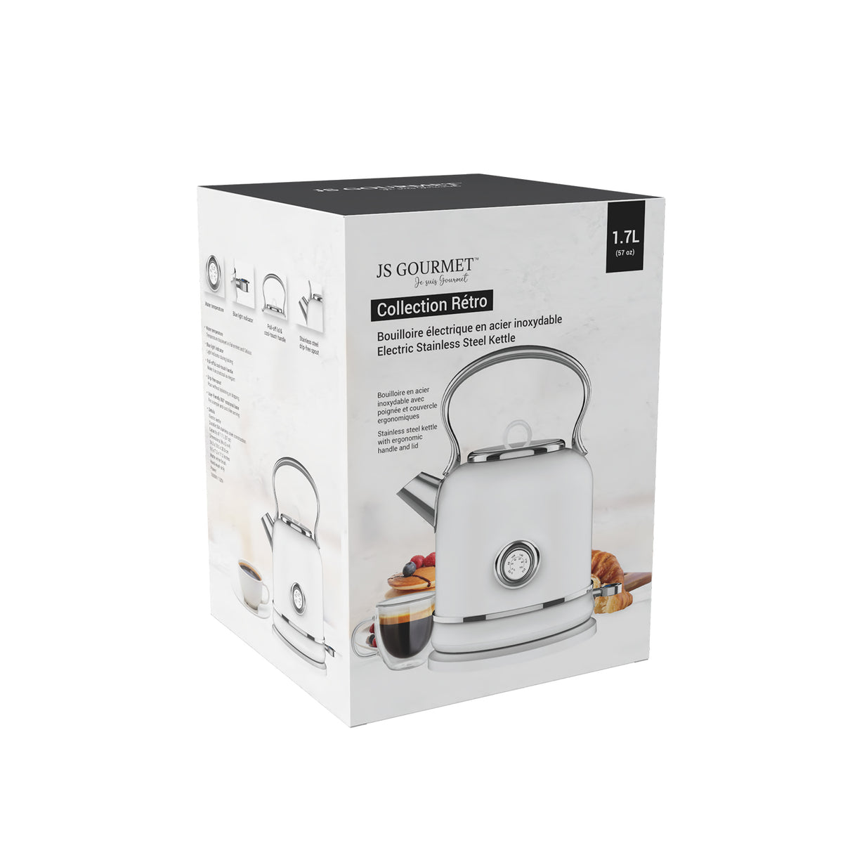 1.7L Retro Electric Kettle with Blue LED Indicator Light — Matte White packaging