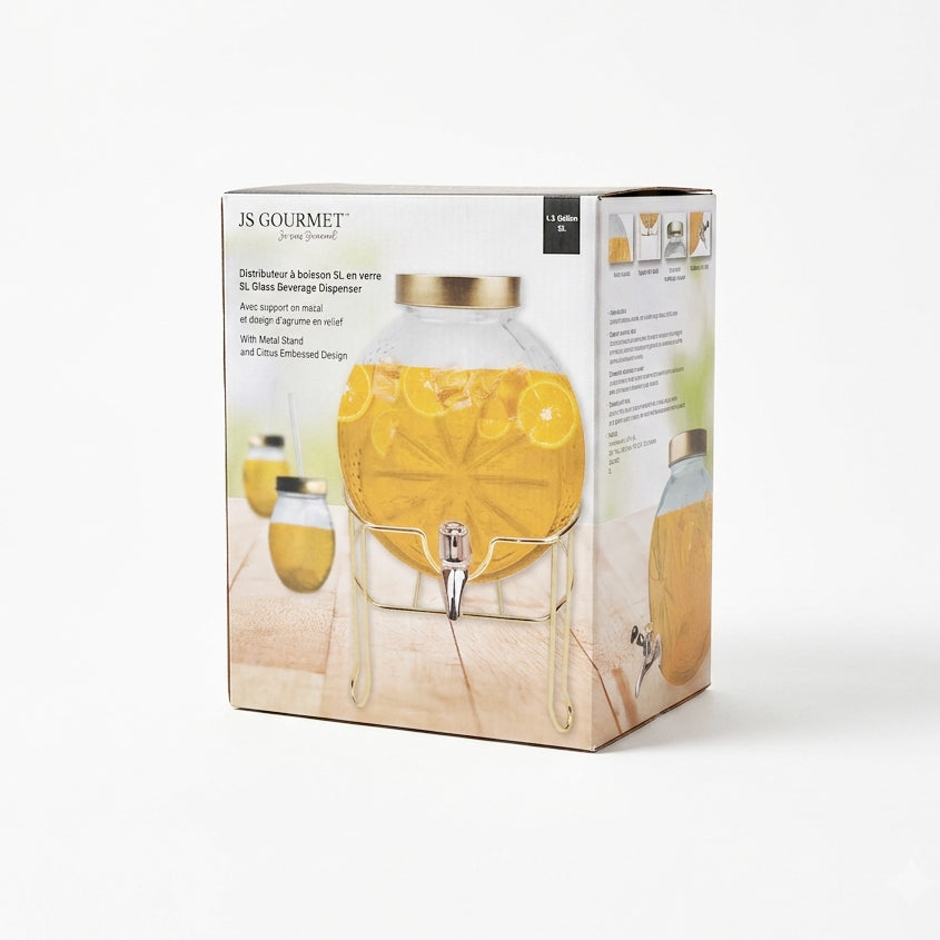 Citrus-Embossed 5L Glass Beverage Dispenser with Gold Stand & Metal Lid packaging