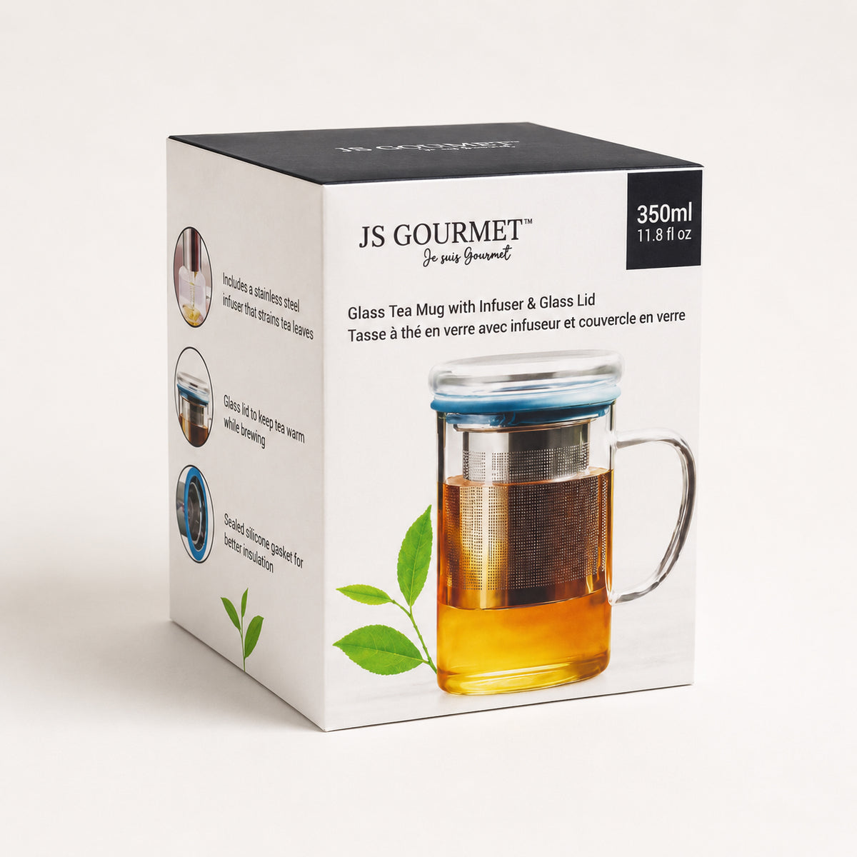 Double-Wall Glass Tea Mug with Stainless Steel Infuser & Glass Lid, 350 ml — Blue Silicone packaging
