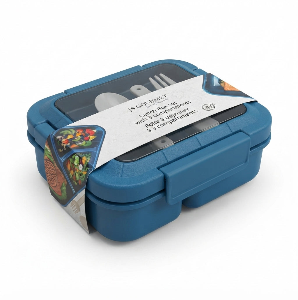 JS Gourmet 3-Compartment Lunch Box with Spoon & Fork packaging