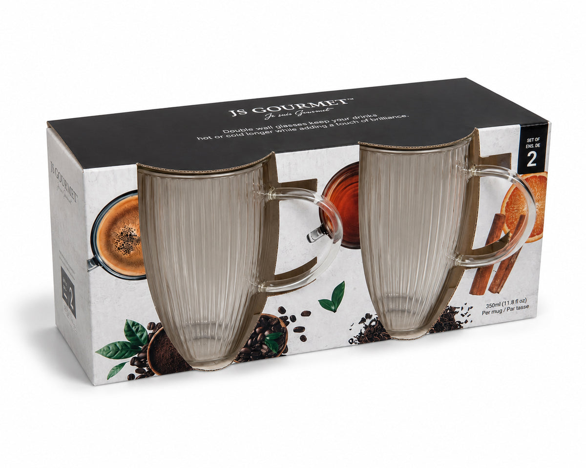 Double-Wall Glass Mugs with Fluted Embossed Design — Set of 2, 350 ml packaging