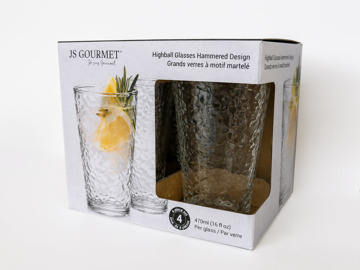 Hammered Highball Glasses — Set of 4, 470 ml (16 oz) packaging