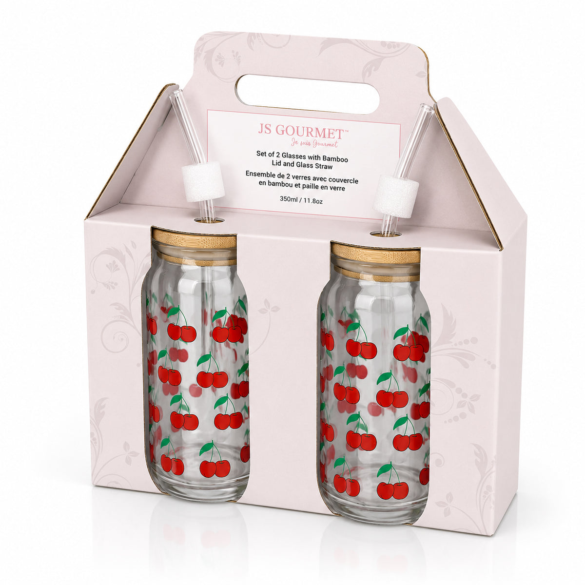 Glass tumbler sippers with bamboo lid and glass straw (set of 2), Cherry decal packaging