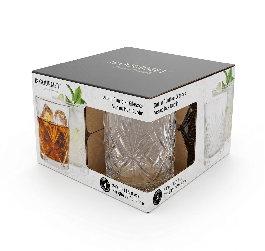 JS Gourmet Dublin Tumbler Glasses — Set of 4, 340 ml packaging