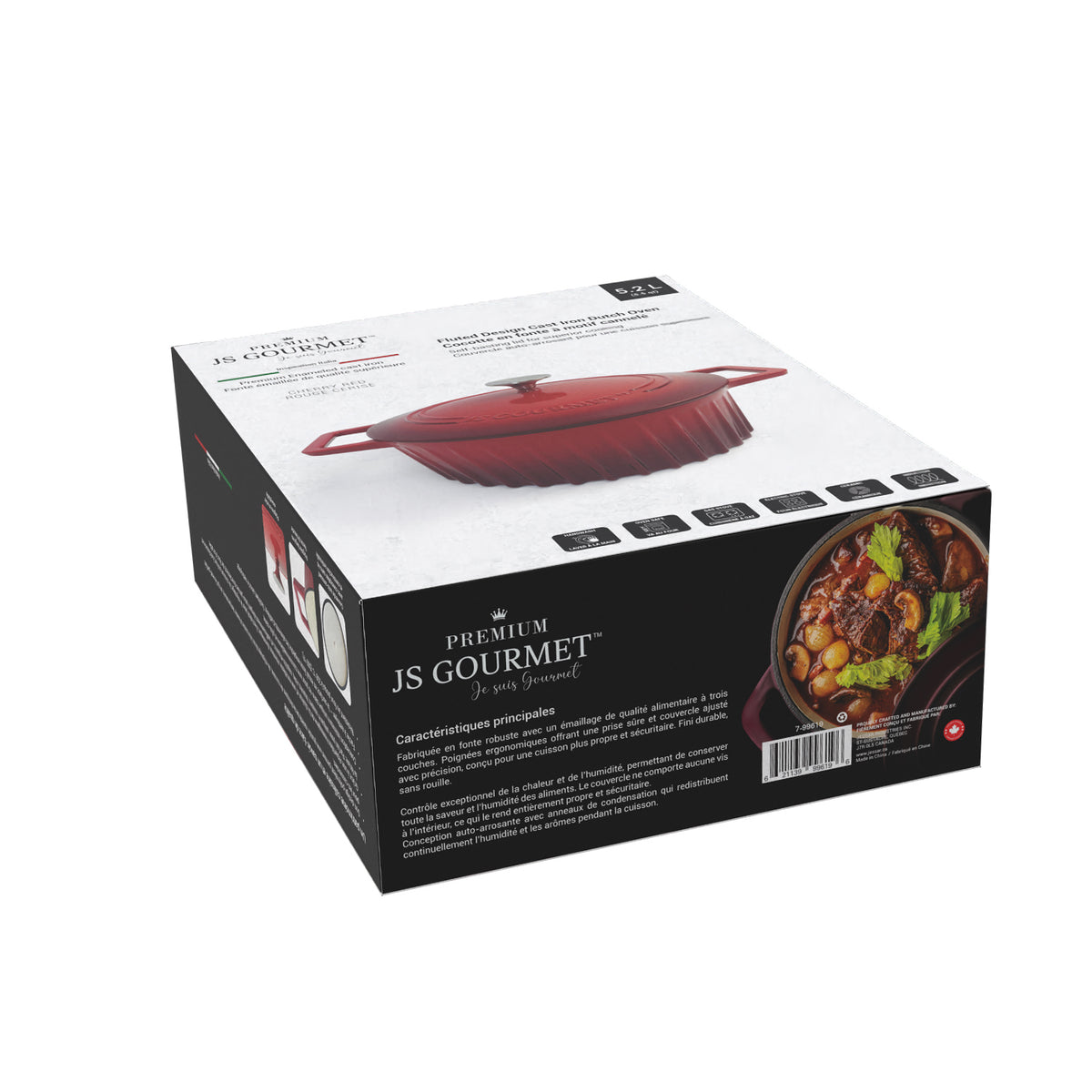Fluted Enameled Cast Iron Dutch Oven — Cherry Red, 5.2 L (5.5 qt) packaging