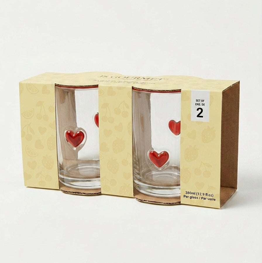 Icon 3D Old-Fashioned Tumbler Glasses, Heart / Red Rim (Set of 2) packaging