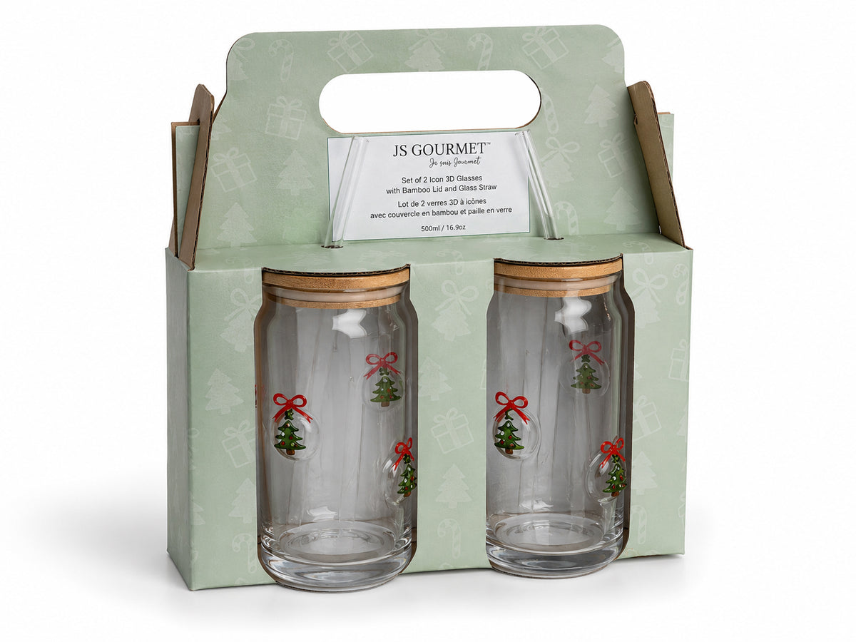 Icon 3D Glass Tumblers with Bamboo Lid & Glass Straw, Set of 2 (500ml, Christmas Tree) packaging