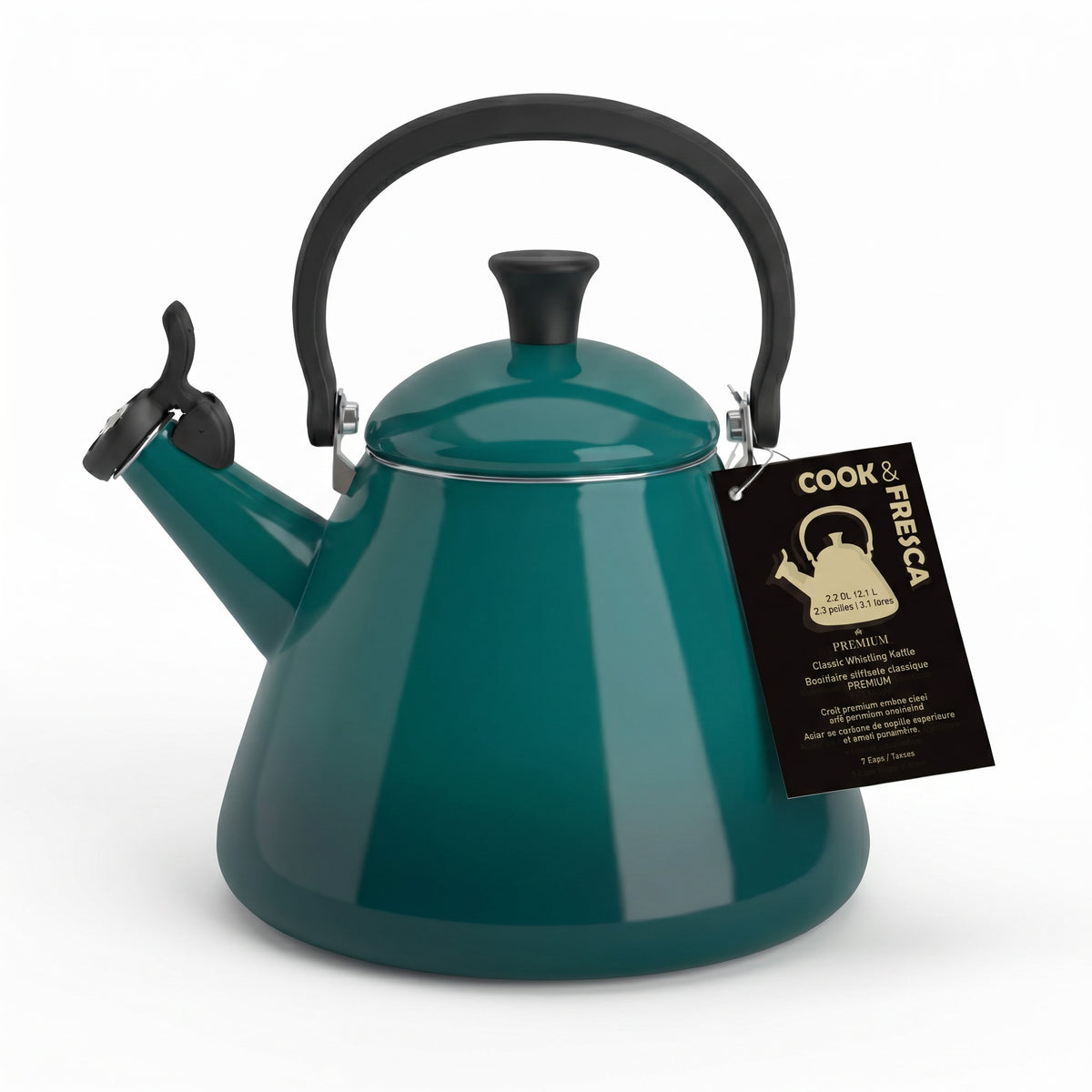 Enameled Carbon Steel Whistling Kettle — Sapphire Blue, 2.1 L packaging