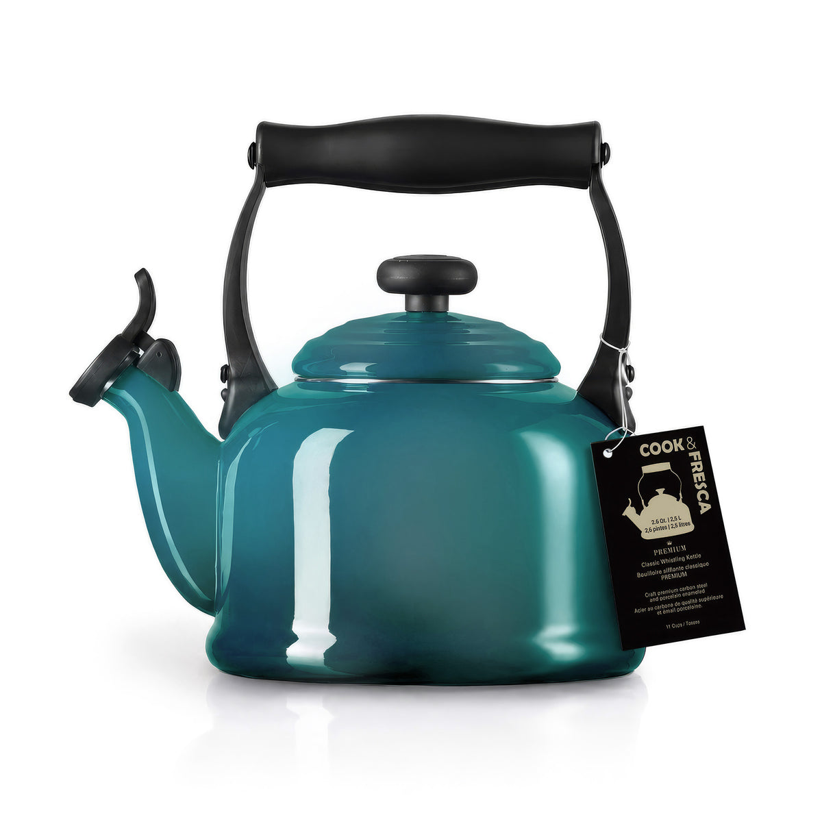 Enameled Carbon Steel Whistling Kettle — Sapphire Blue, 2.5 L packaging