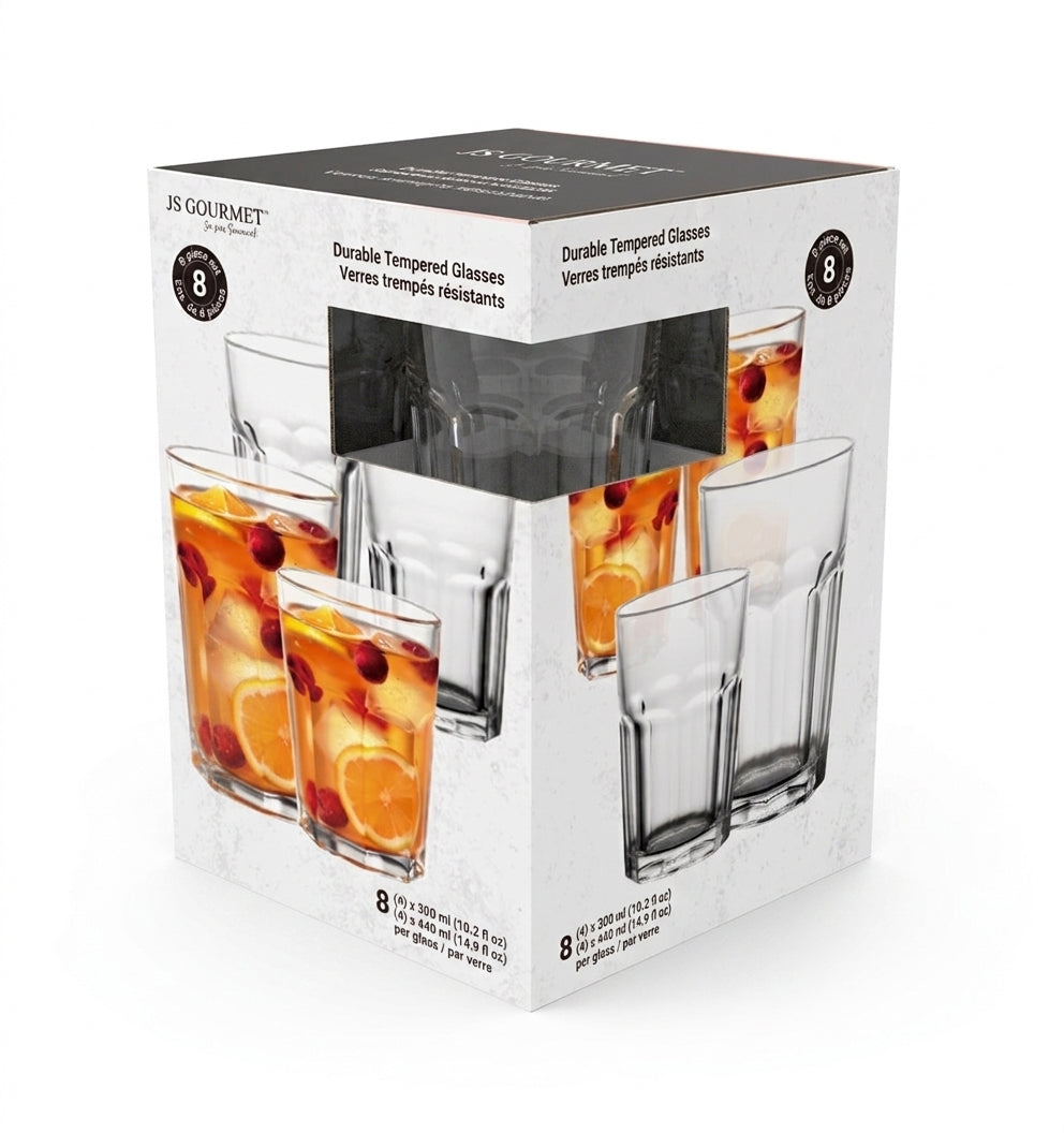 7-99780 retail packaging — Tempered Highball 440ml / Tumbler Glasses 300ml -