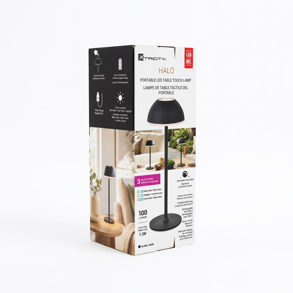 Rechargeable LED Touch Table Lamp "Halo" — Black, 28 cm packaging