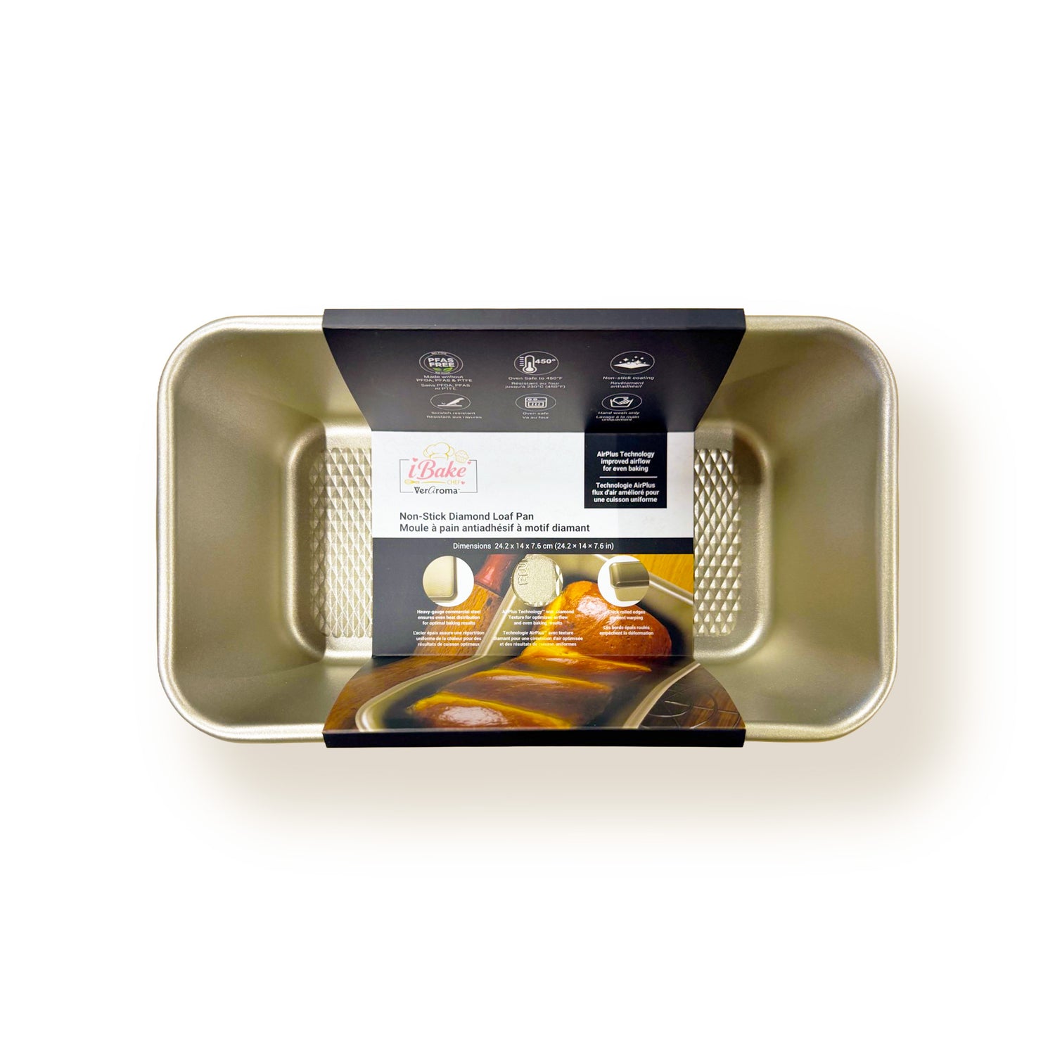 7-99899 retail packaging — iBake Non-Stick Diamond Loaf Pan — Champagne Gold
