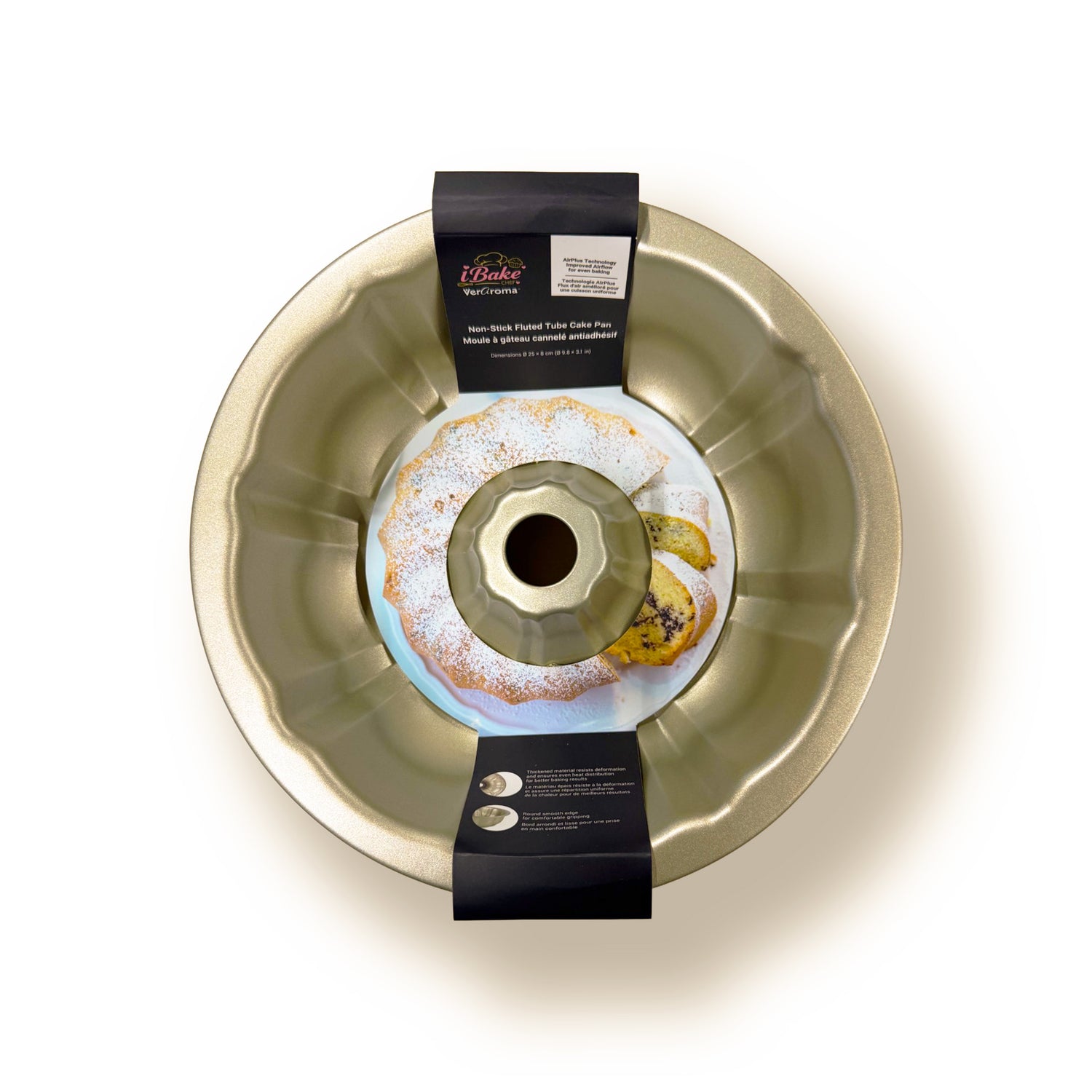 7-99902 retail packaging — iBake Non-Stick Diamond Fluted Tube Cake Pan — Champagne Gol