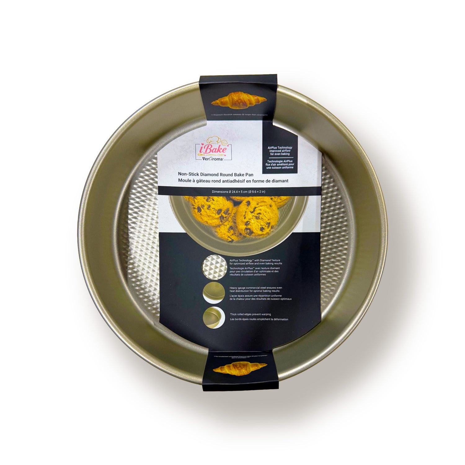 7-99914 retail packaging — iBake Non-Stick Diamond Round Bake Pan — Champagne Gold
