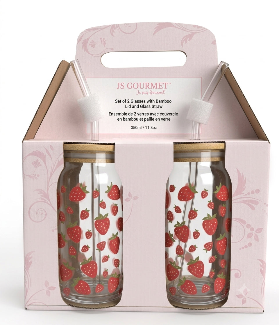 Strawberry Decal Glass Sipper Cups with Glass Straw & Bamboo Lid (Set of 2) packaging