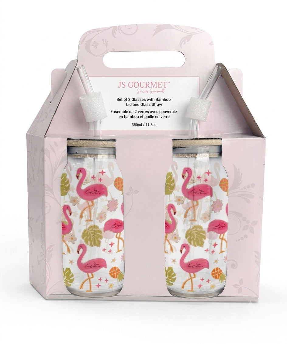 Tropical Flamingo Decal Glass Sipper Cups with Glass Straw & Bamboo Lid (Set of 2) packaging