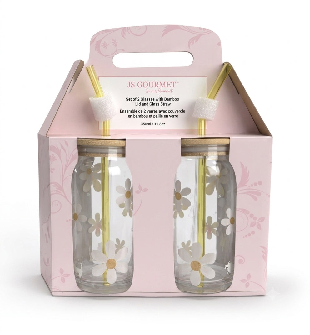 Daisy Decal Glass Sipper Cups with Glass Straw & Bamboo Lid (Set of 2) packaging