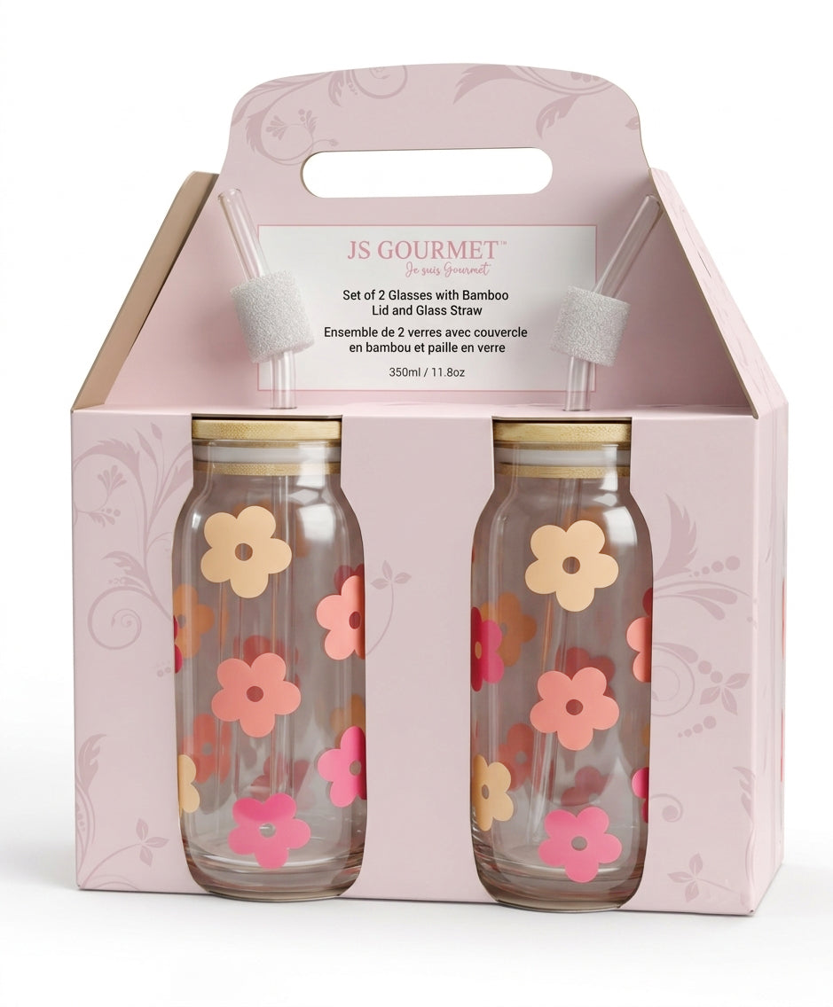 Floral Daisy Decal Glass Sipper Cups with Glass Straw & Bamboo Lid (Set of 2) packaging