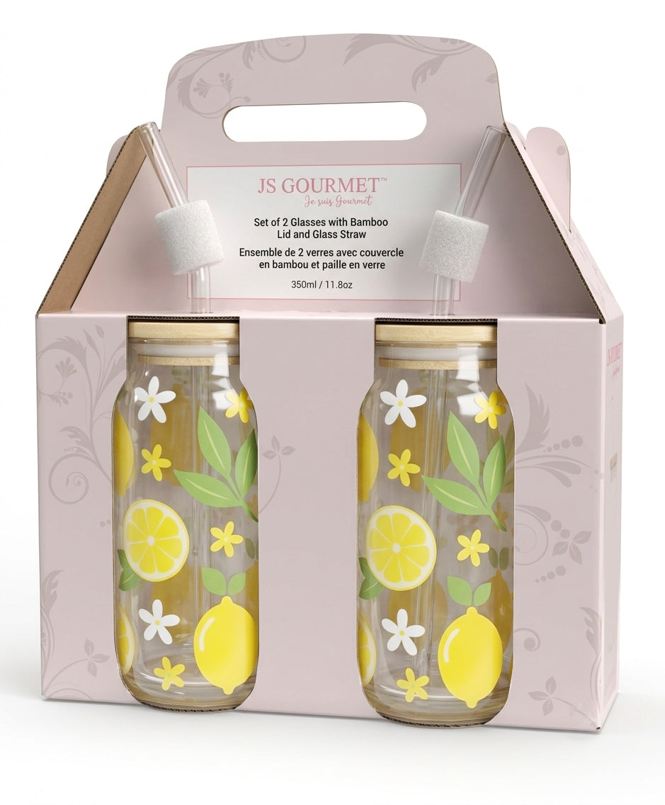Lemon & Jasmine Decal Glass Sipper Cups with Glass Straw & Bamboo Lid (Set of 2) packaging