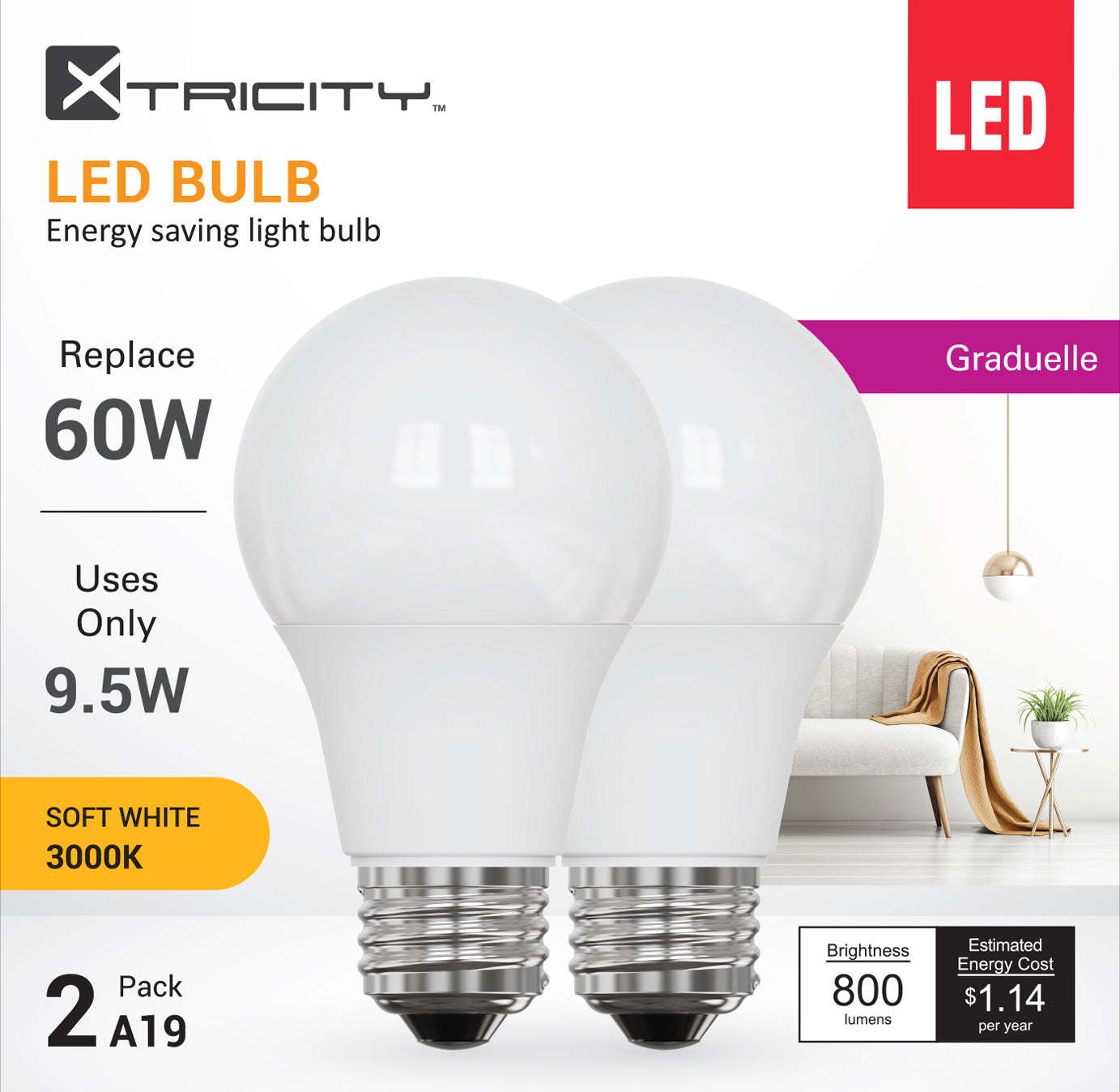 LED type-A 9.5W/120V/E26/ES/800L/3000k/dim/2pk