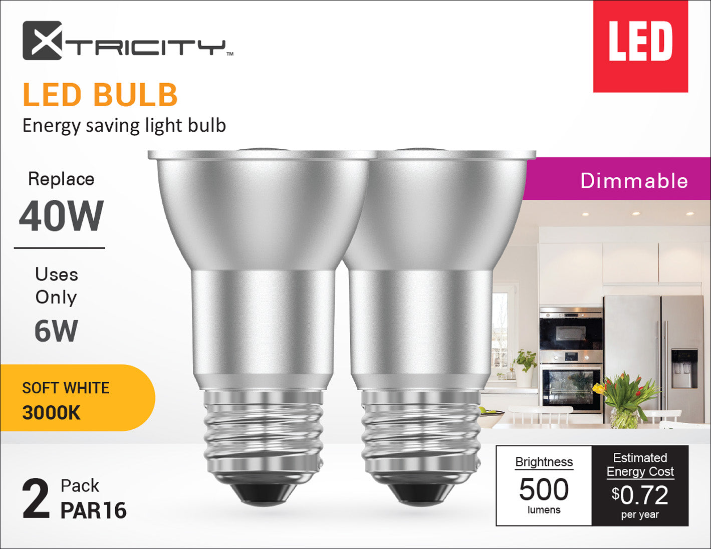 LED PAR16 6W/120V/E26/500L/3000k dim.2pk