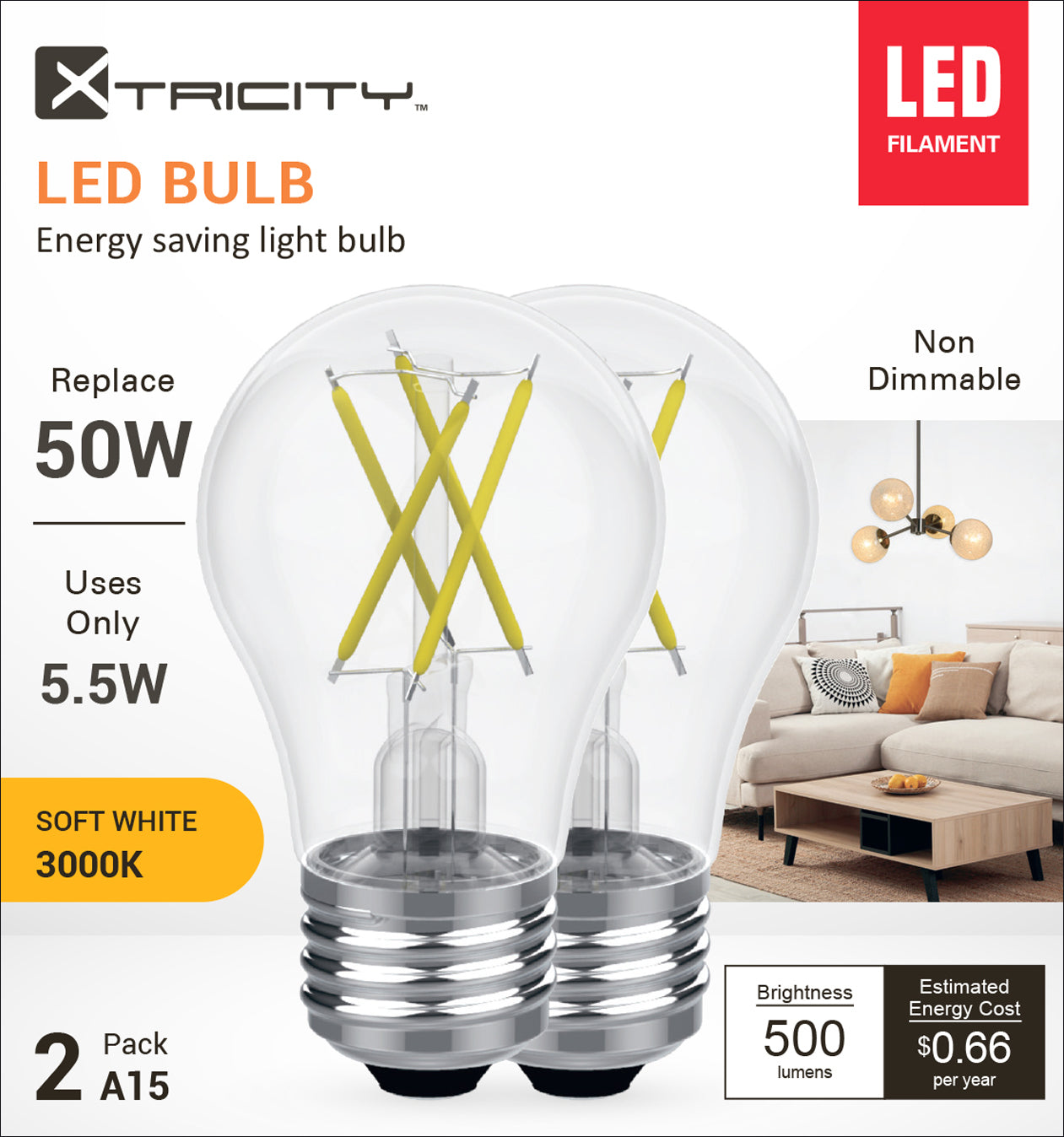 LED Type A15 Fil/120V/E26/500L/3000K Non dim. 2pk