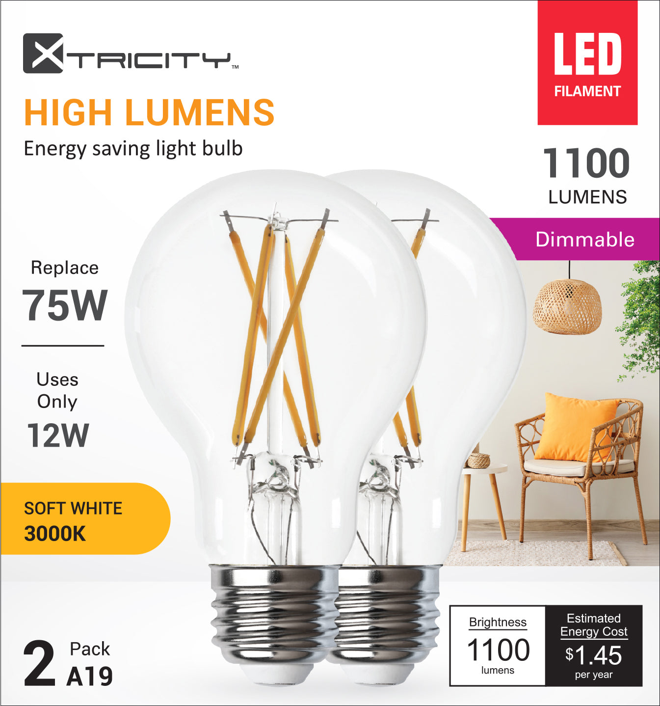 LED type A Fil /120V/E26/1100L/3000K Clear dim. 2pk