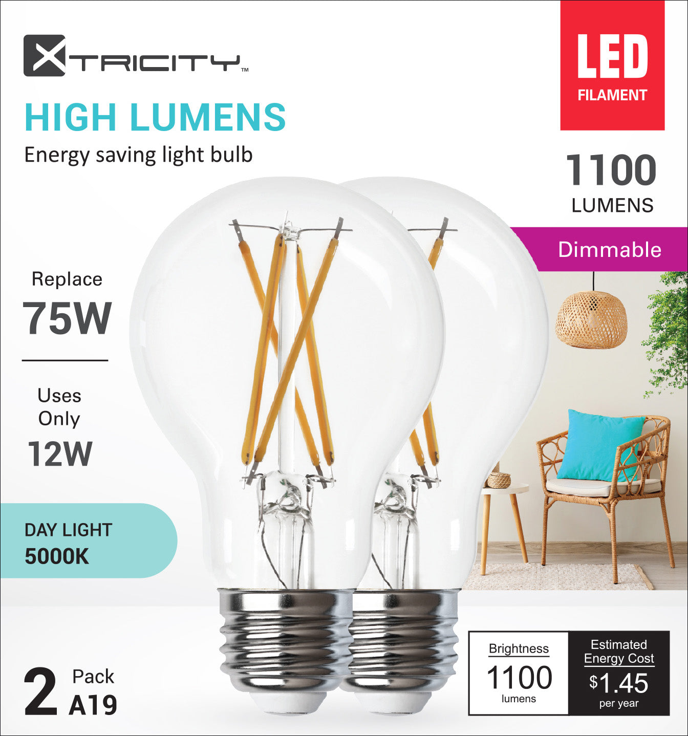LED type A Fil /120V/E26/1100L/5000K Clear dim. 2pk