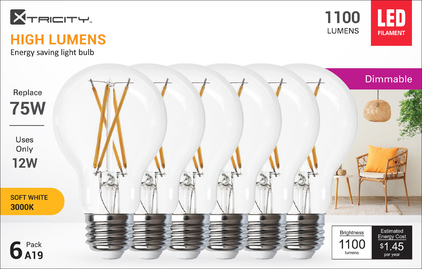 LED type A Fil /120V/E26/1100L/3000K Clear dim. 6pk