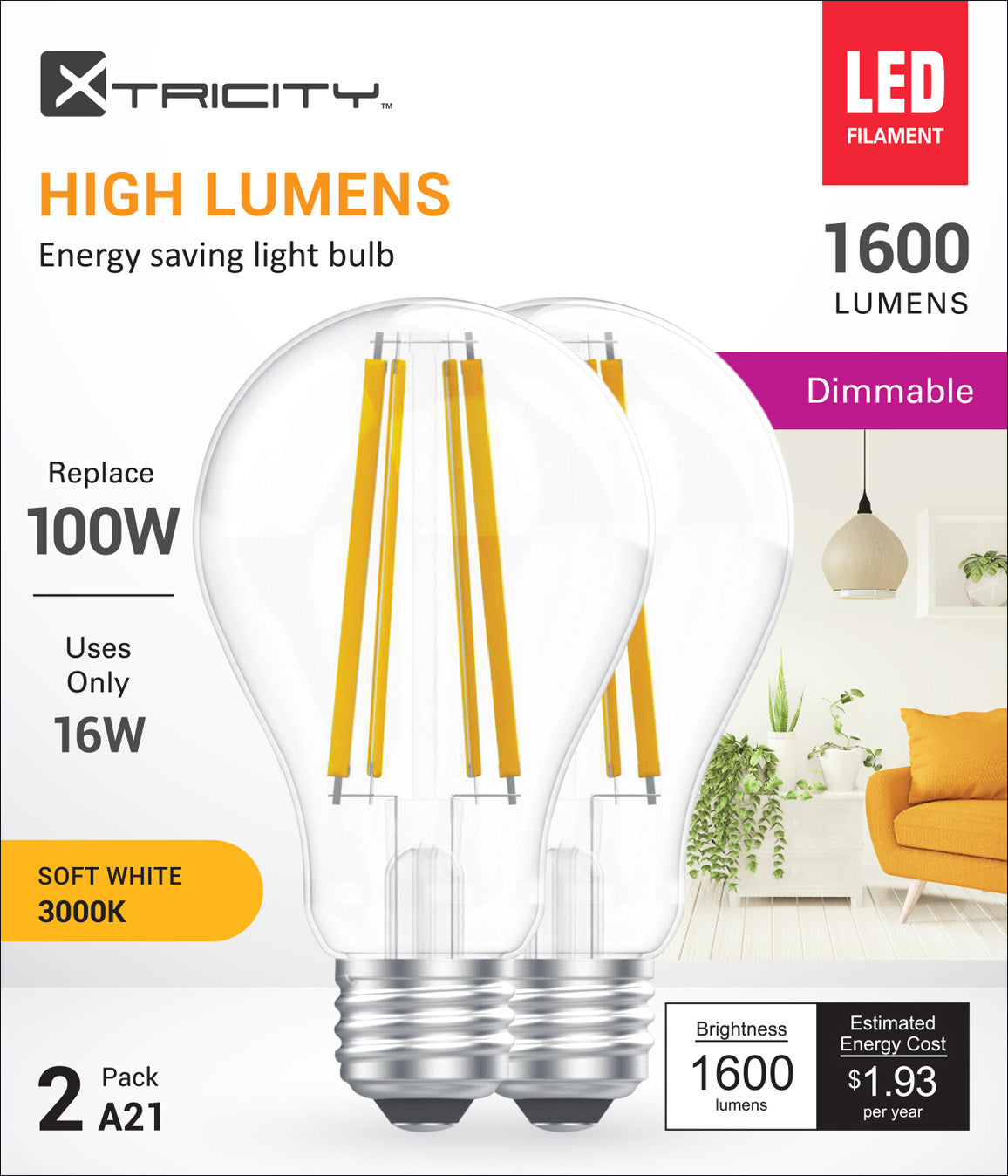 LED A21 Fil/120V/E26/1600L/3000k dim. 2pk