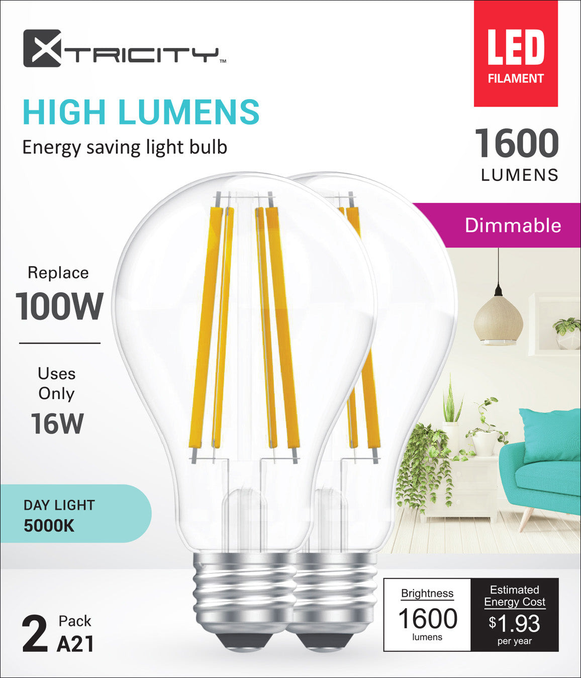 LED A21 Fil/120V/E26/1600L/5000k dim. 2pk