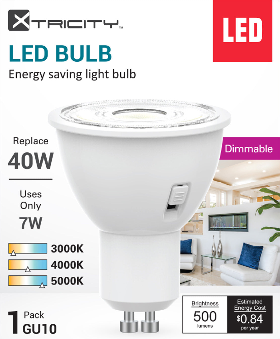 GU10 7W 500LM 120V CRI80  / 3CCT DIM 3000K-4000K-5000K 1Pk