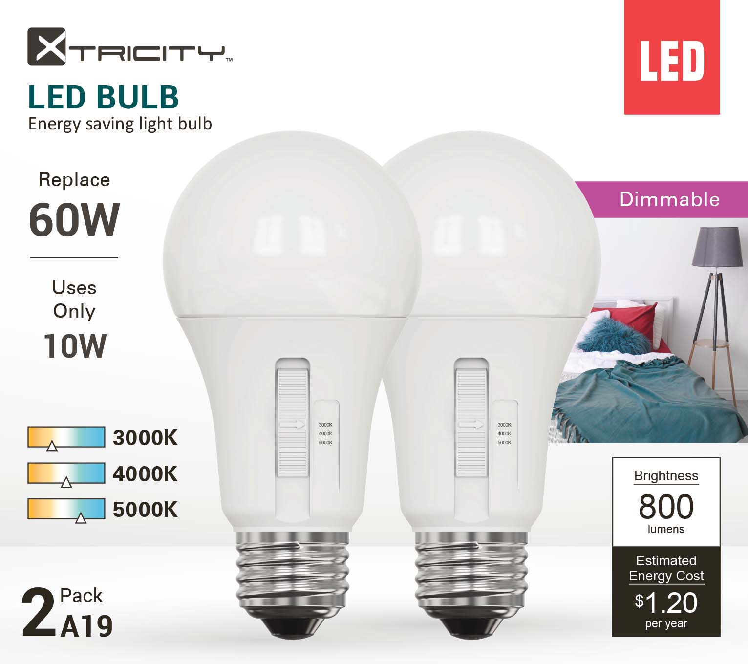 A19/10W/800L/3CCT DIM,E26 2pk